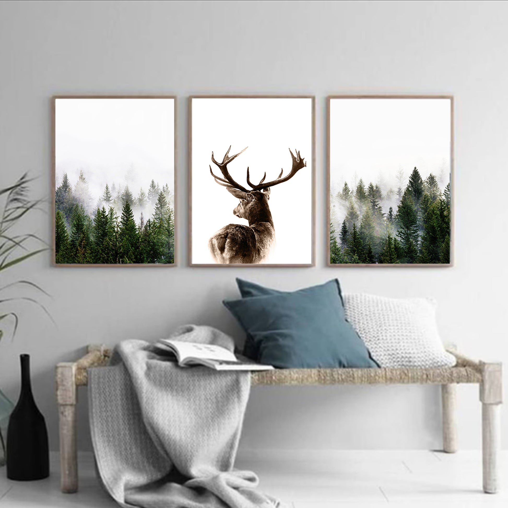 Woodland triptych in wood color frames.