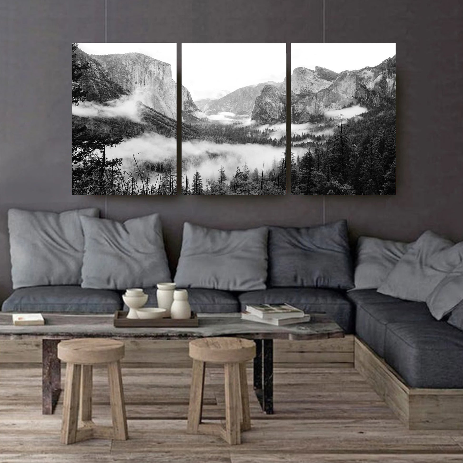 Yosemite valley 3 panel canvas on dark wall.