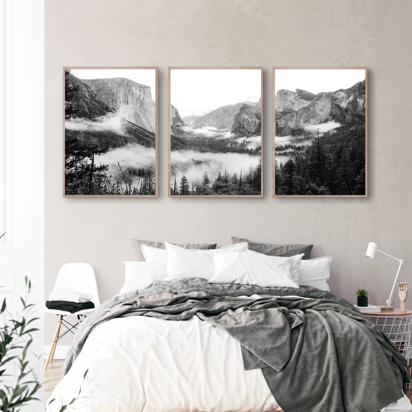 Yosemite triptych in wood frame in the bedroom.