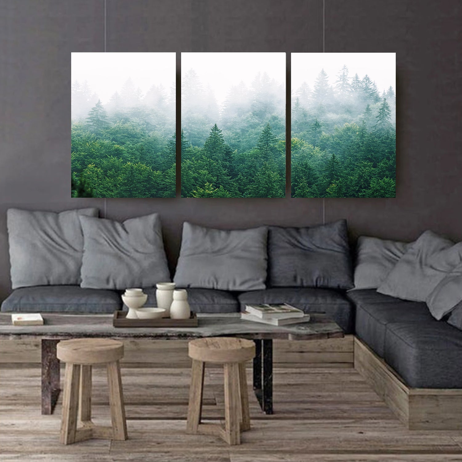 Morning forest in fog stretched canvas 3 panel.