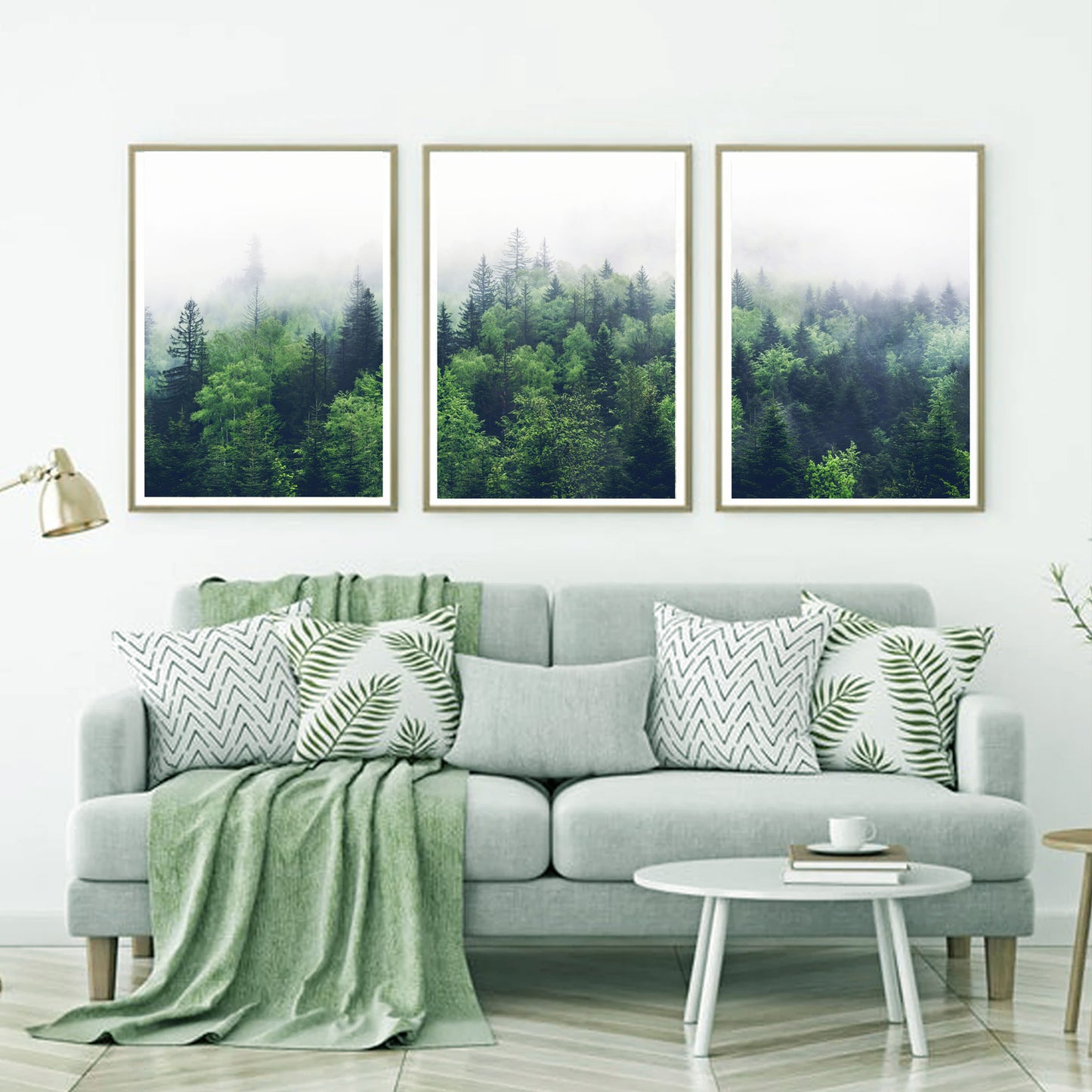 Green forest triptych above the sofa.