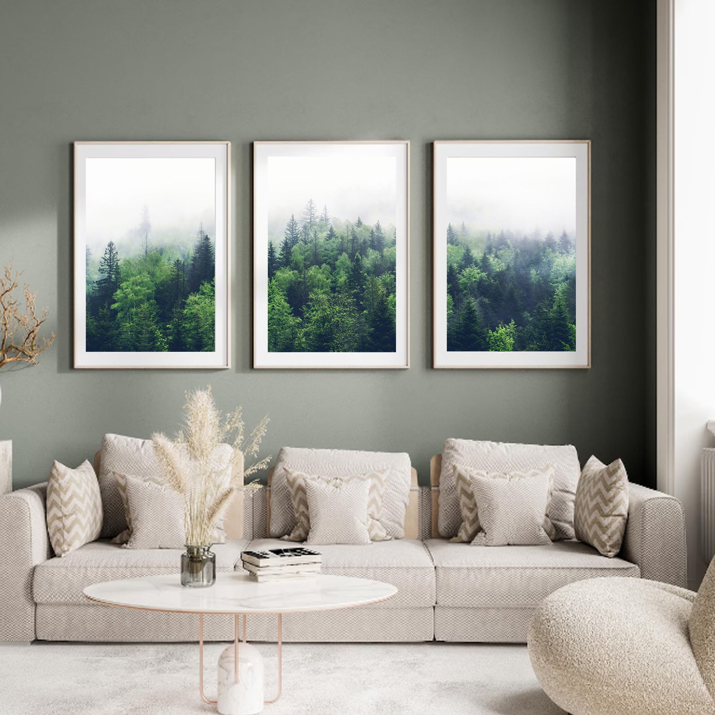 Misty forest triptych in the interior on a gray wall.