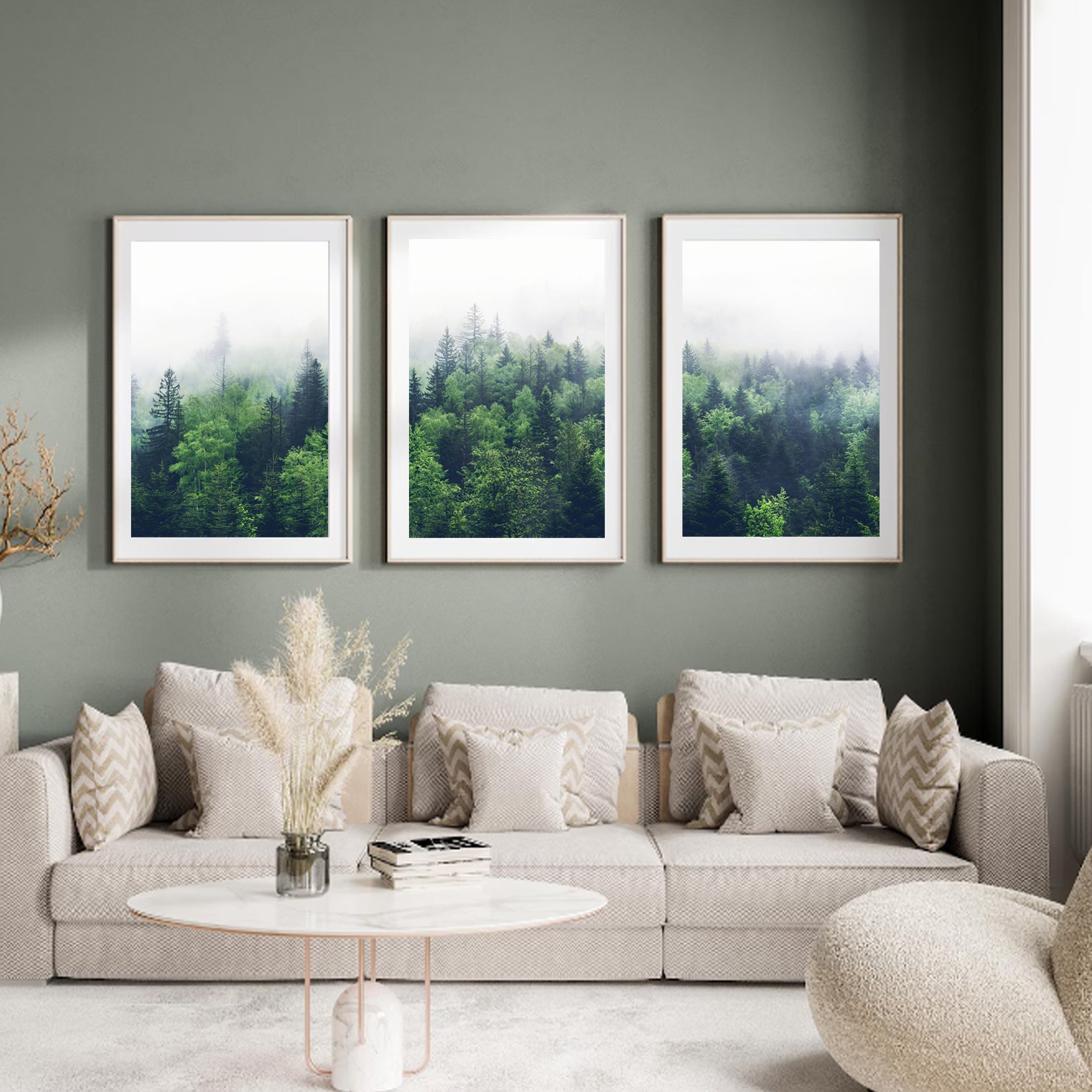 Misty forest triptych in the interior on a gray wall.