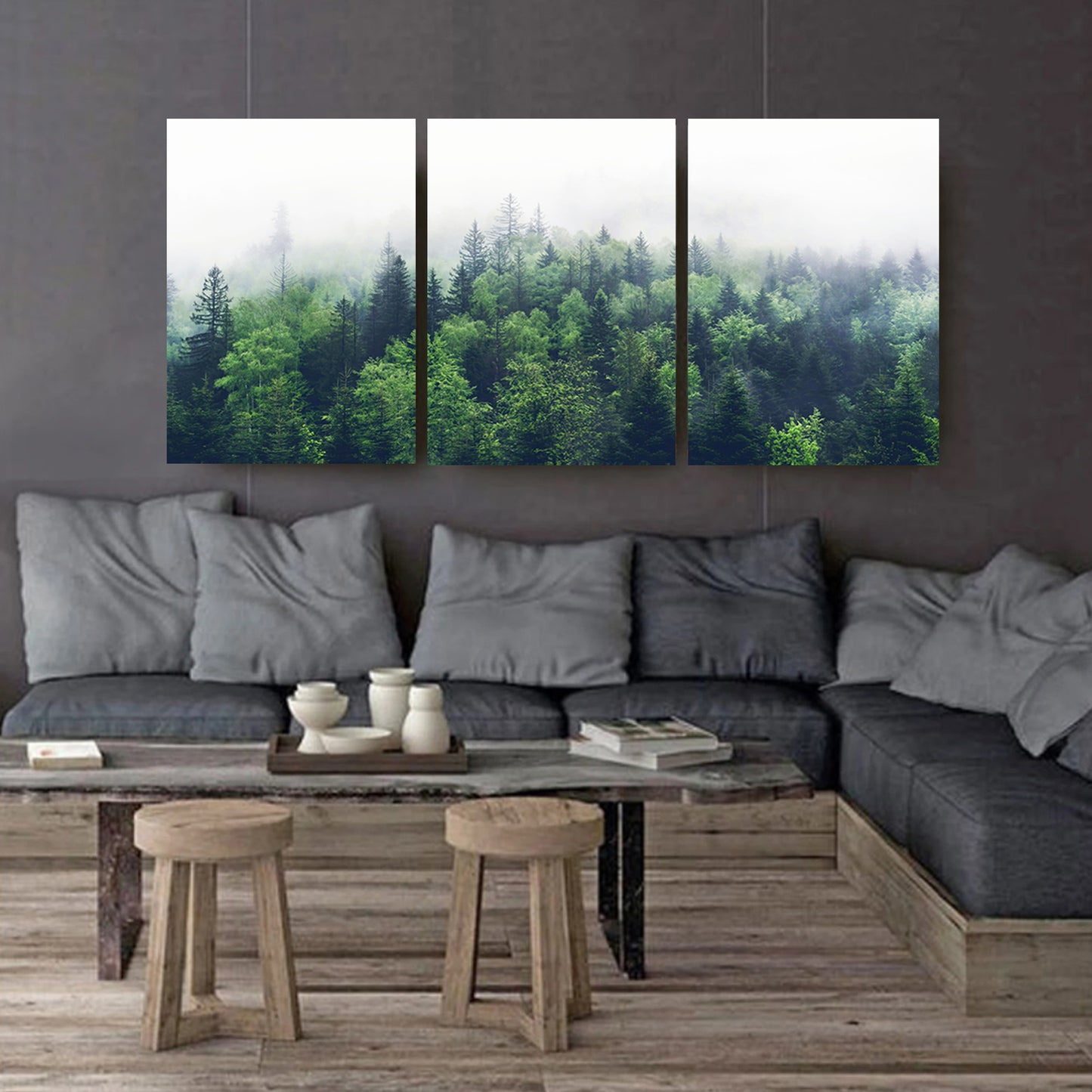 Green forest panorama stretched canvas set.