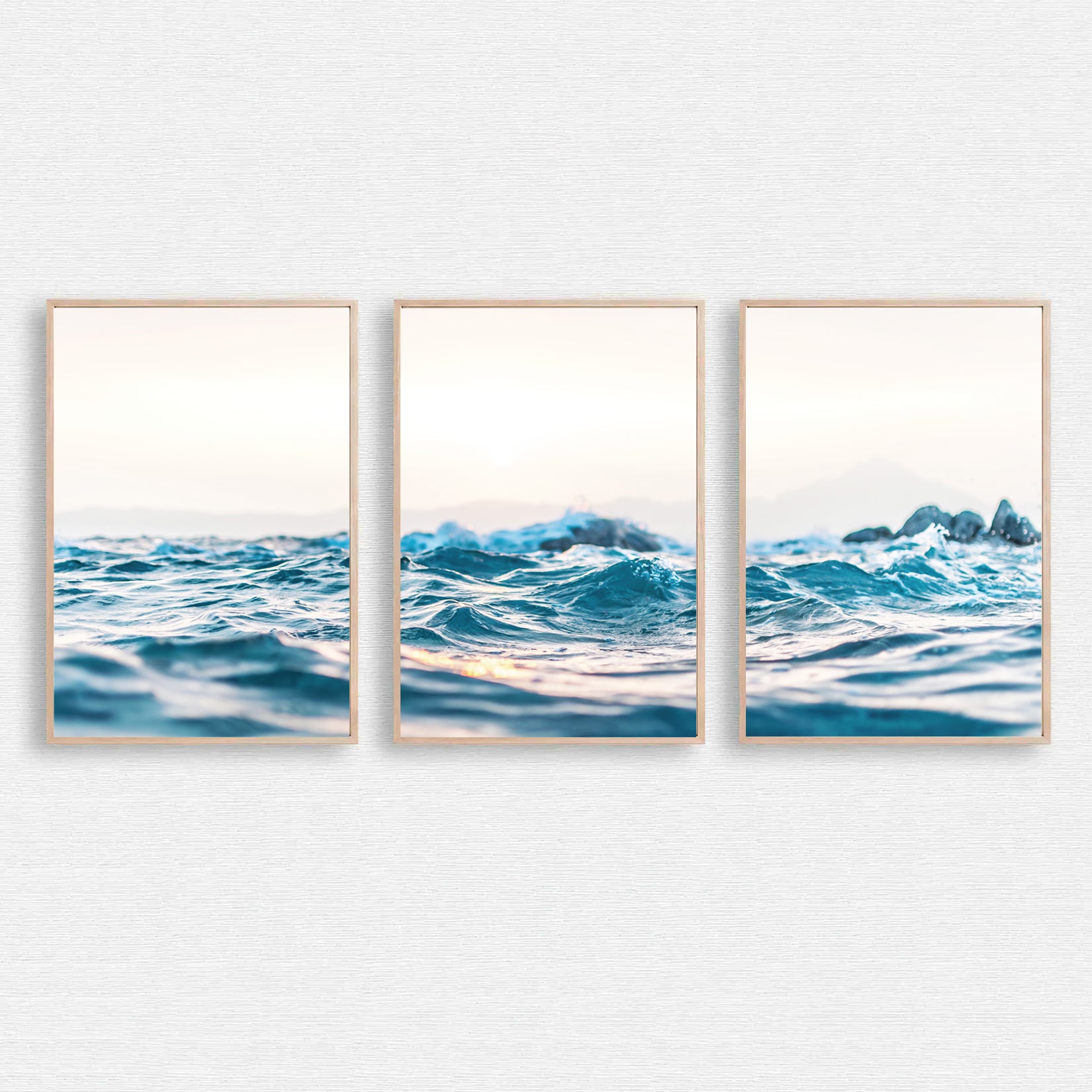 Sea waves with the sun shining on the water surface.