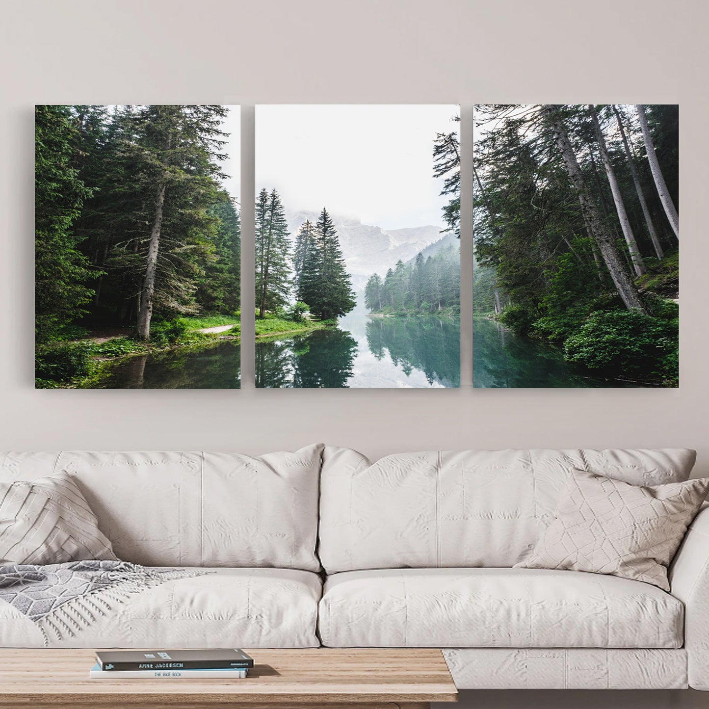 Nordic Forest River Wall Art | Green Landscape with River Triptych