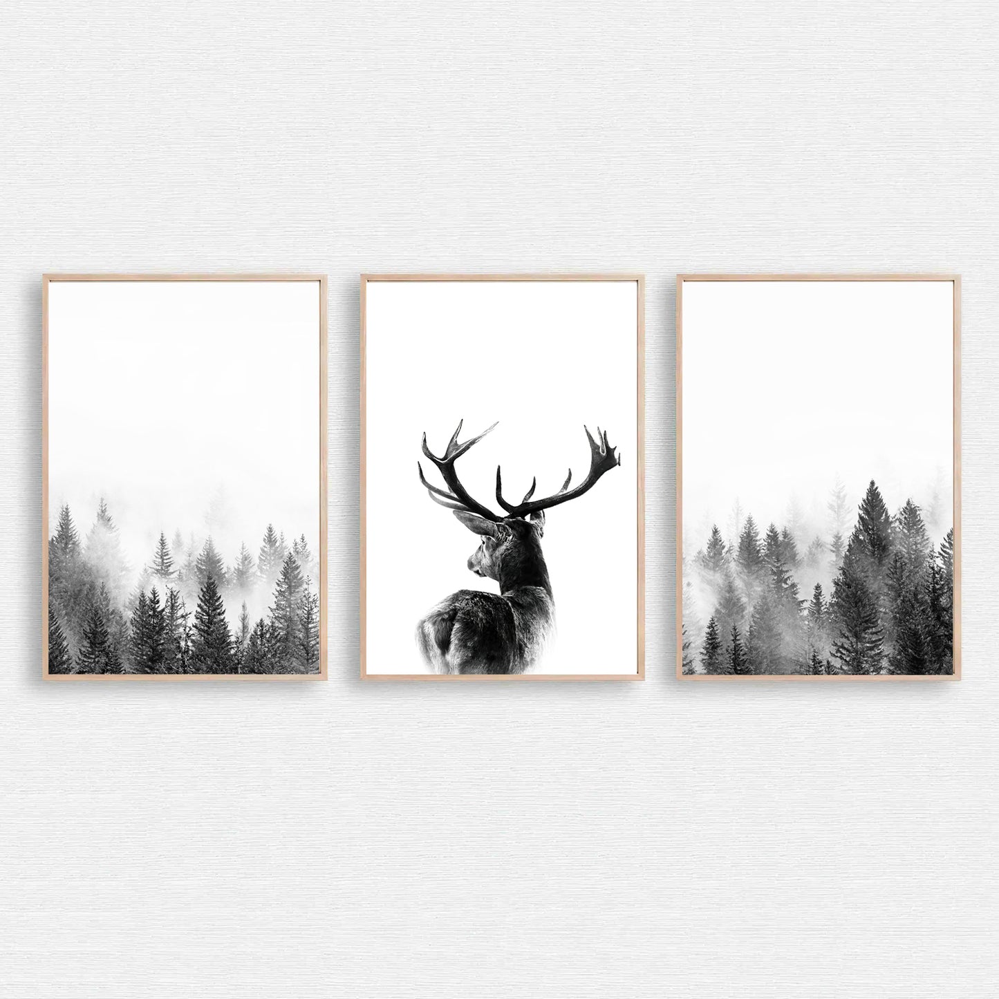 Triptych deer in fog and misty forest.