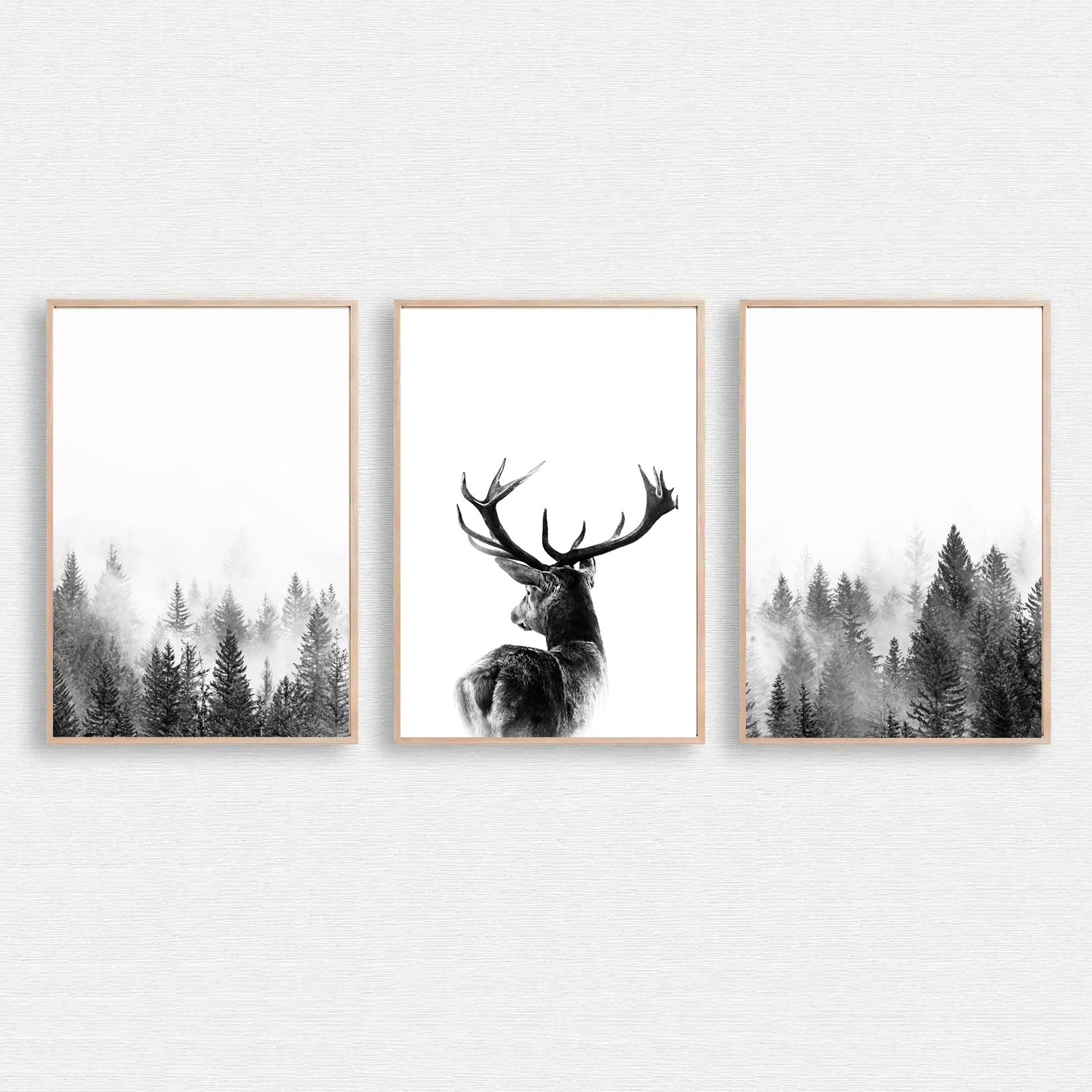 Triptych deer in fog and misty forest.