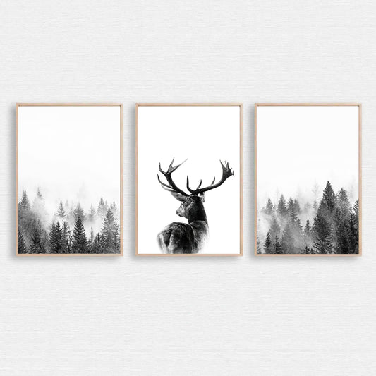 Triptych deer in fog and misty forest.