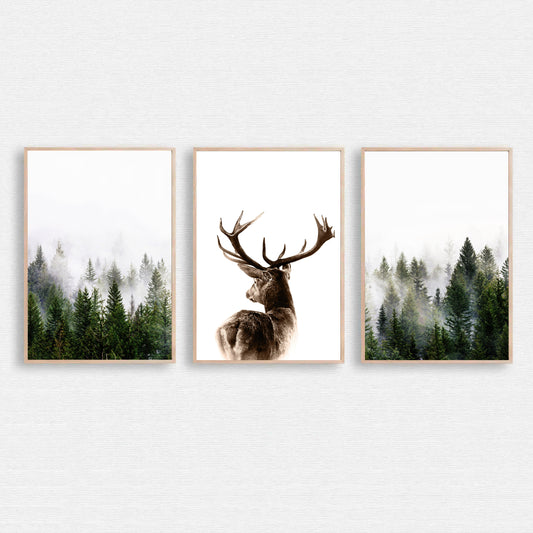 Woodland triptych with deer in fog.