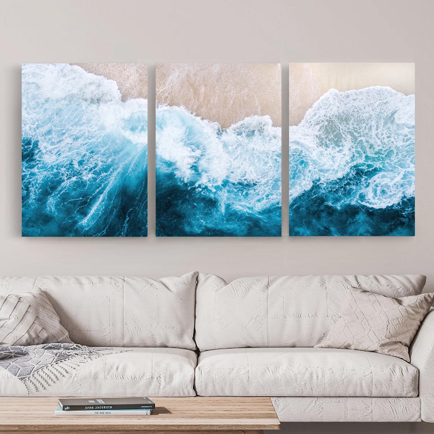 Aerial photo of ocean wave canvas triptych.
