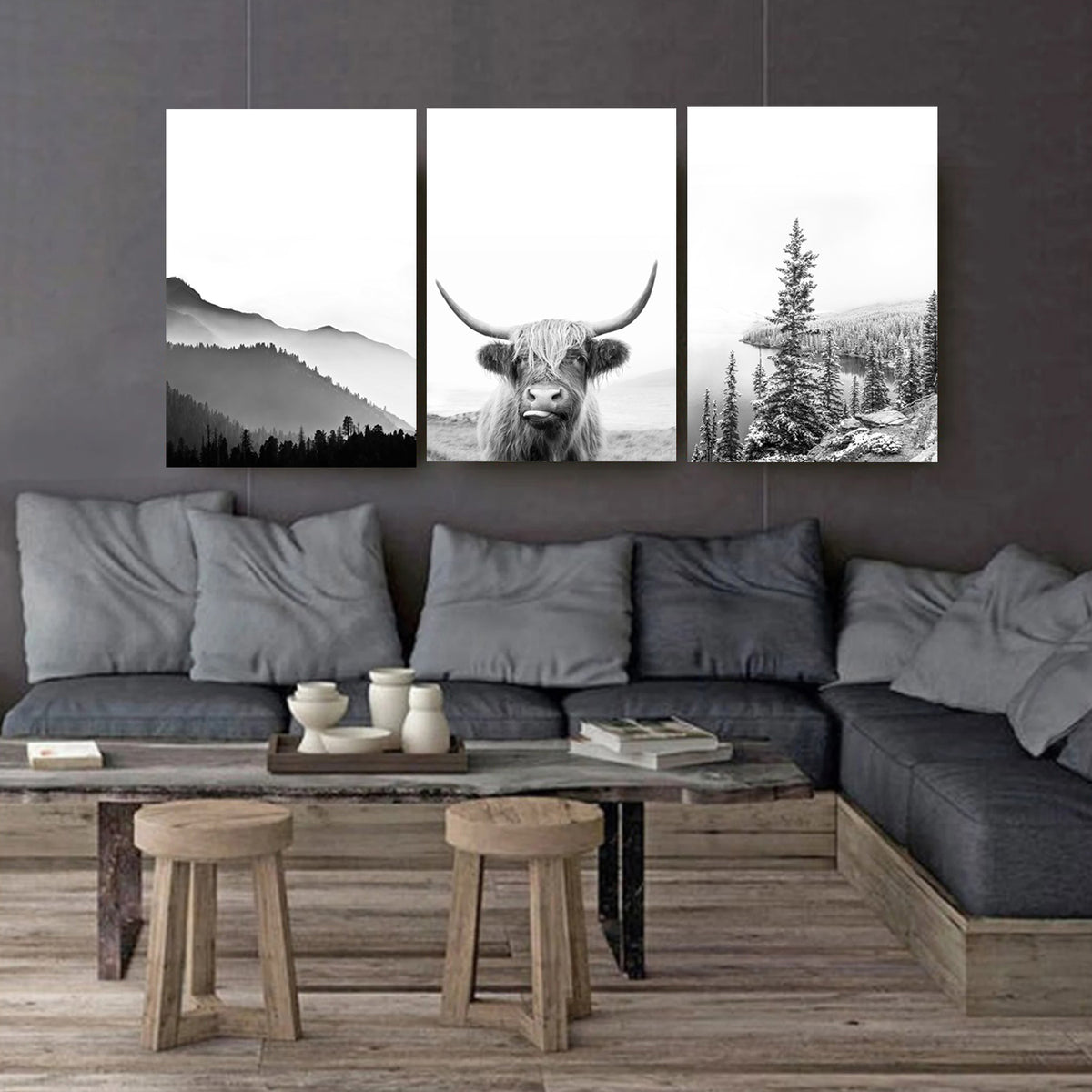 Shaggy cow black white photo.