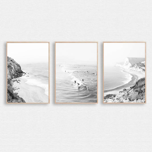 California coastal landscapes 3 piece wall art in black & white colors.