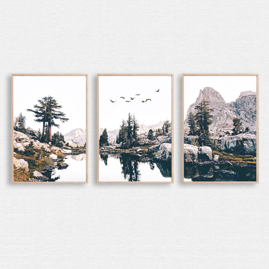 Wall art set with mountain lake and birds flying south.