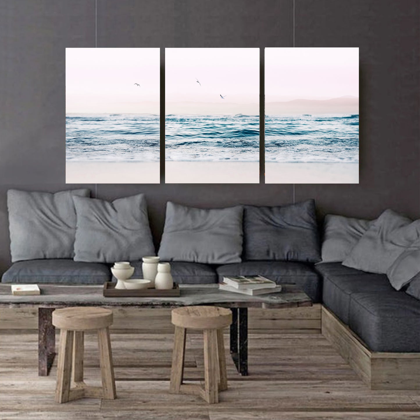 Ocean and gulls wall art on canvas on dark wall.