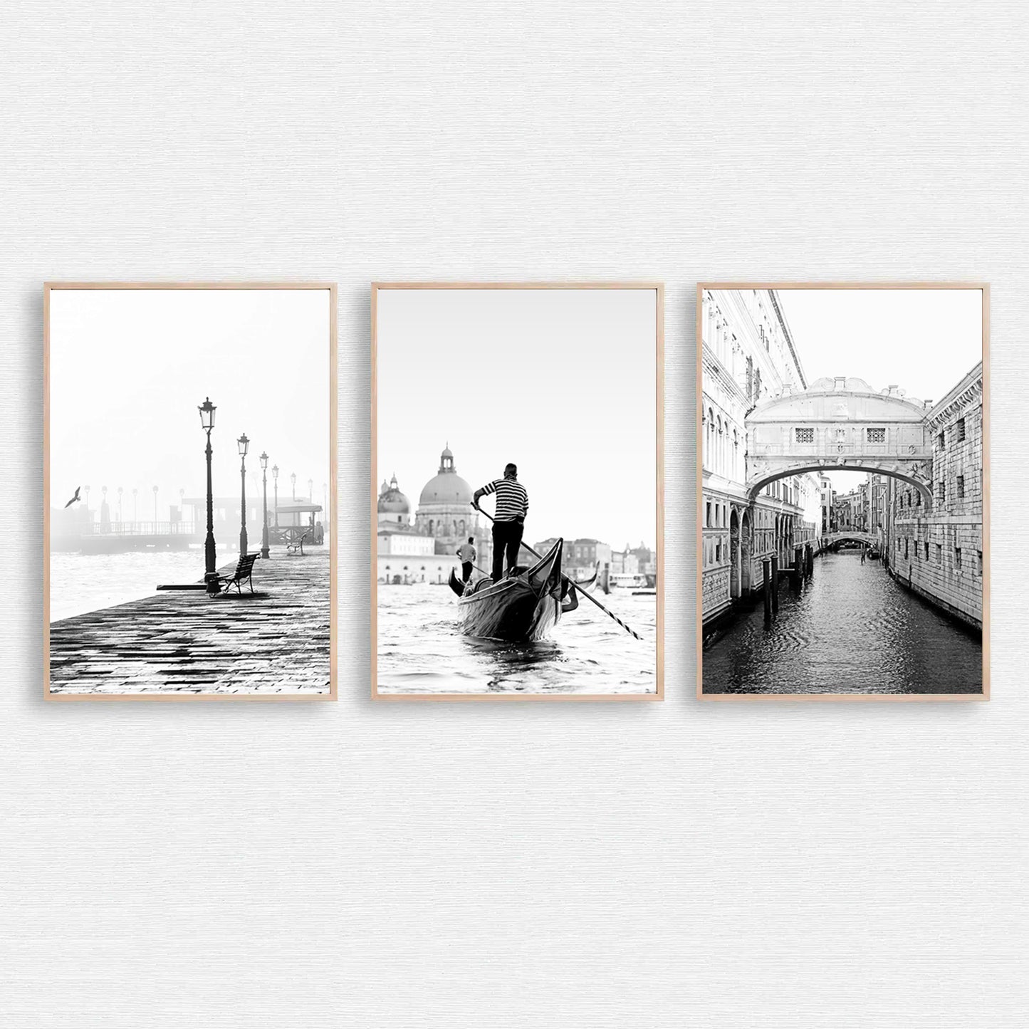 Venice Black & White Triptych with Gondola, Bridge of Sighs and Lagoon