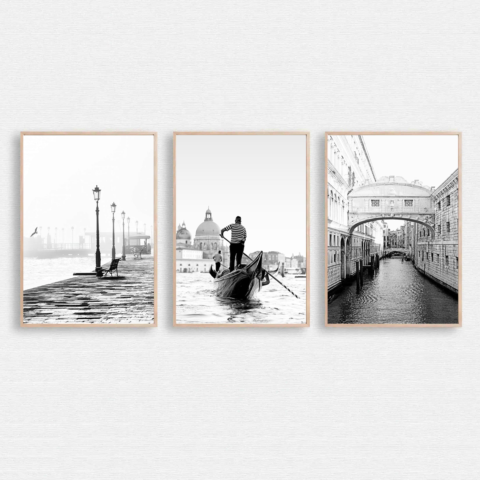 Venice Black & White Triptych with Gondola, Bridge of Sighs and Lagoon