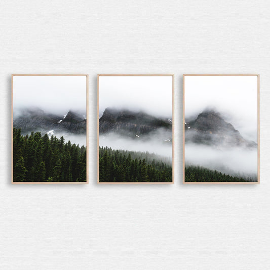 Landscape with foggy mountains 3 piece wall art.