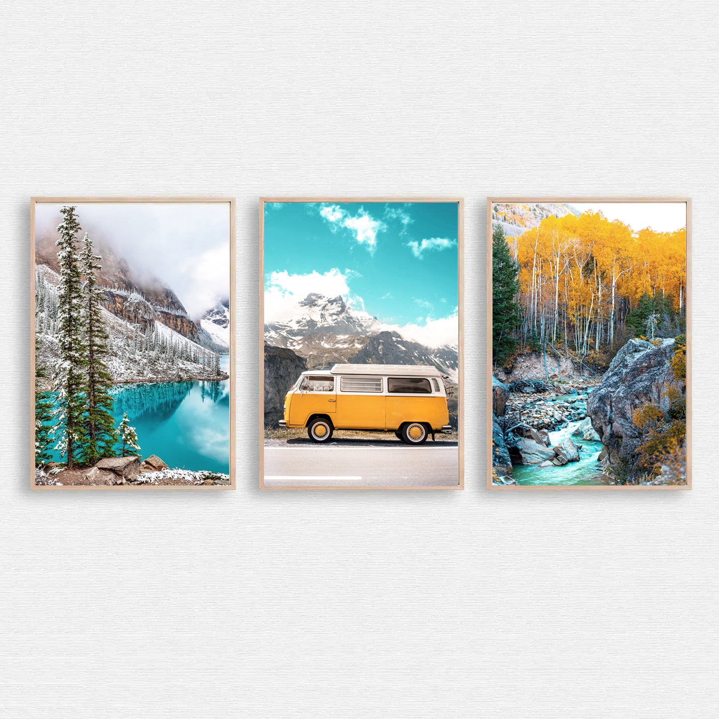 Colorful autumn triptych with Nordic nature scenery.