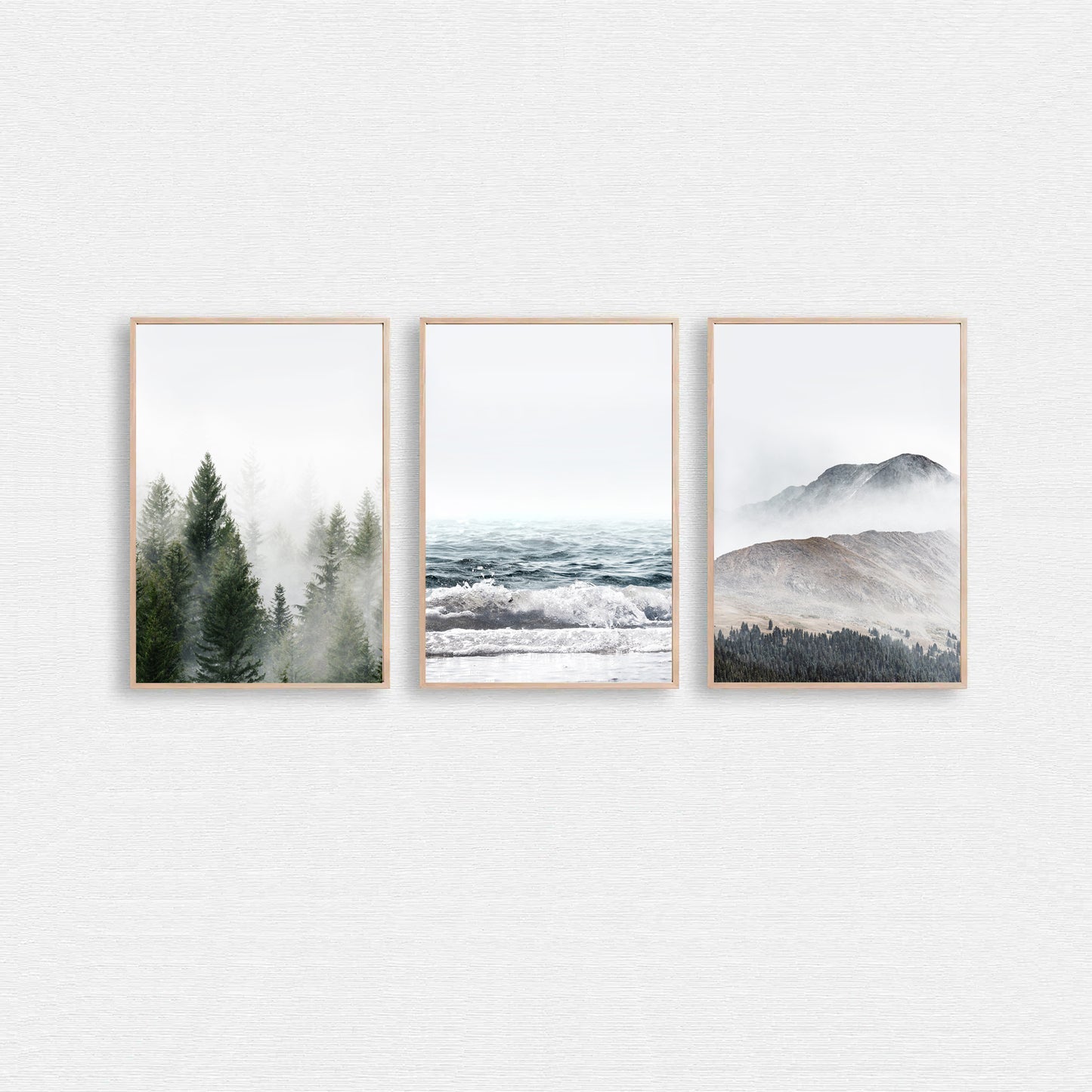 Forest, Sea and Mountain minimalistic wall art set.