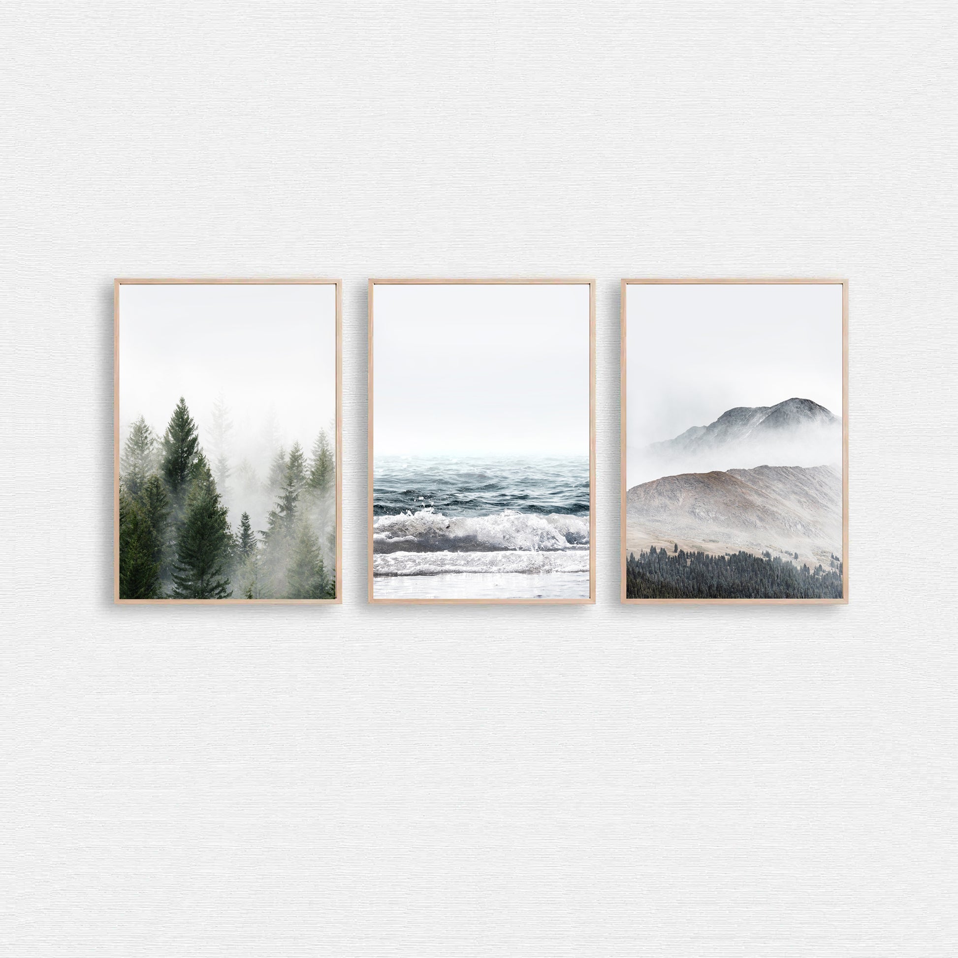 Forest, Sea and Mountain minimalistic wall art set.