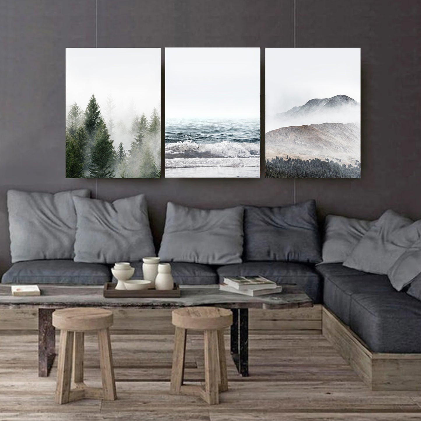 Nature triptych canvas on dark wall.