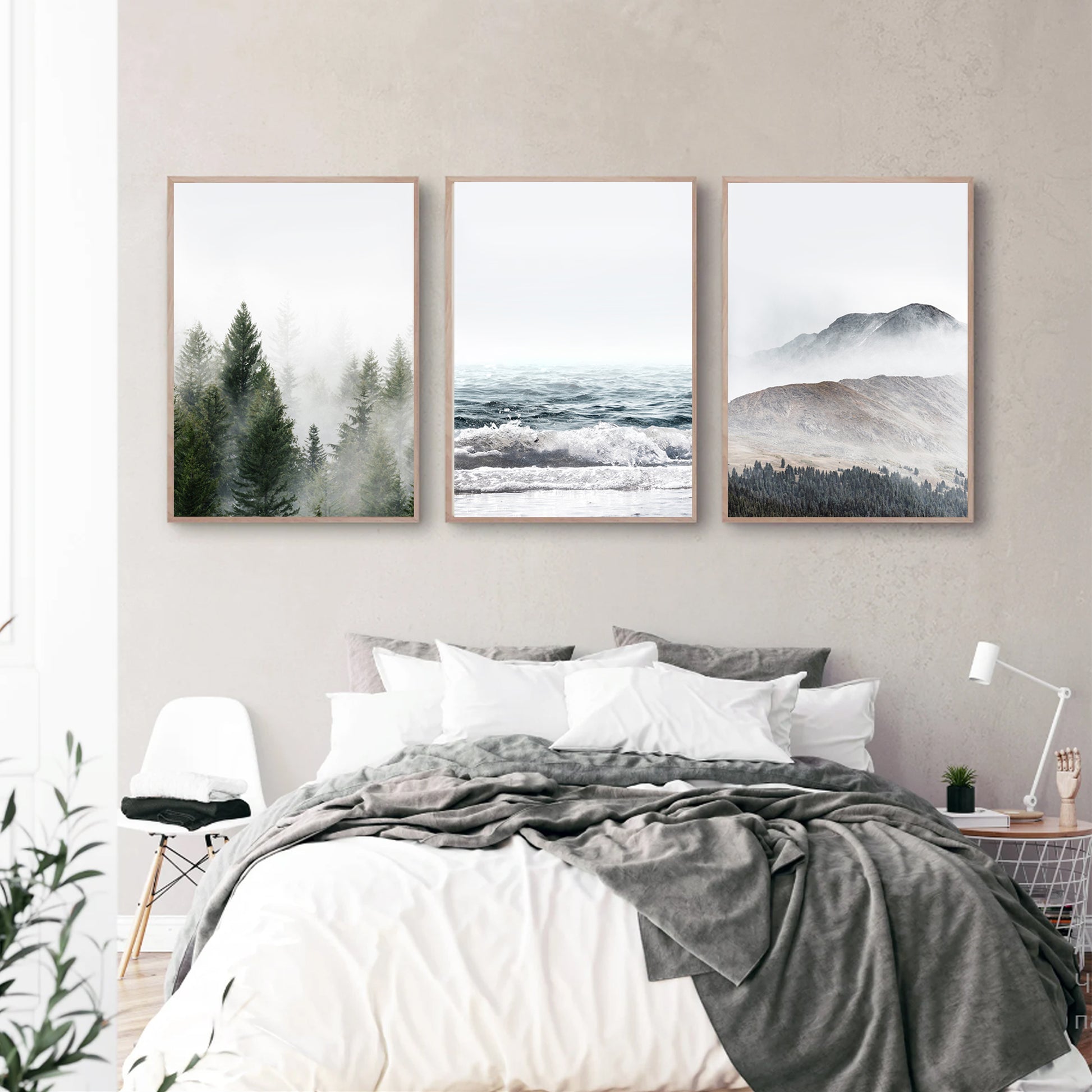 Minimalistic nature triptych in bedroom.