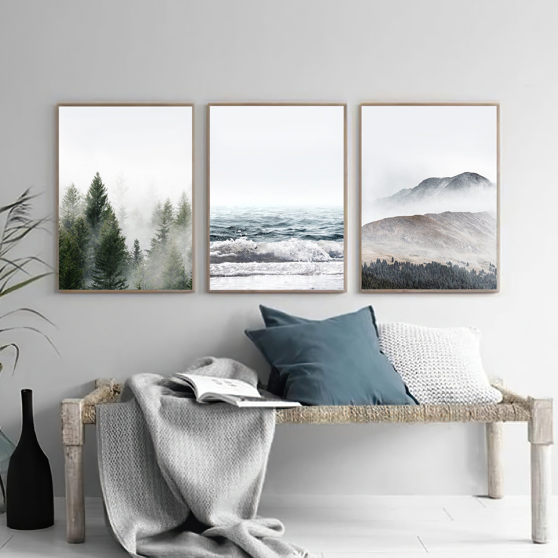 Forest, sea and mountain nature triptych in Scandinavian style room.