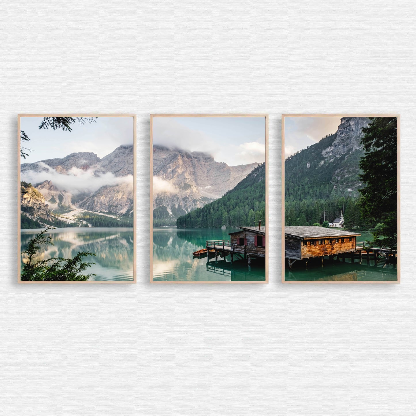 Mountain lake with chalet triptych.