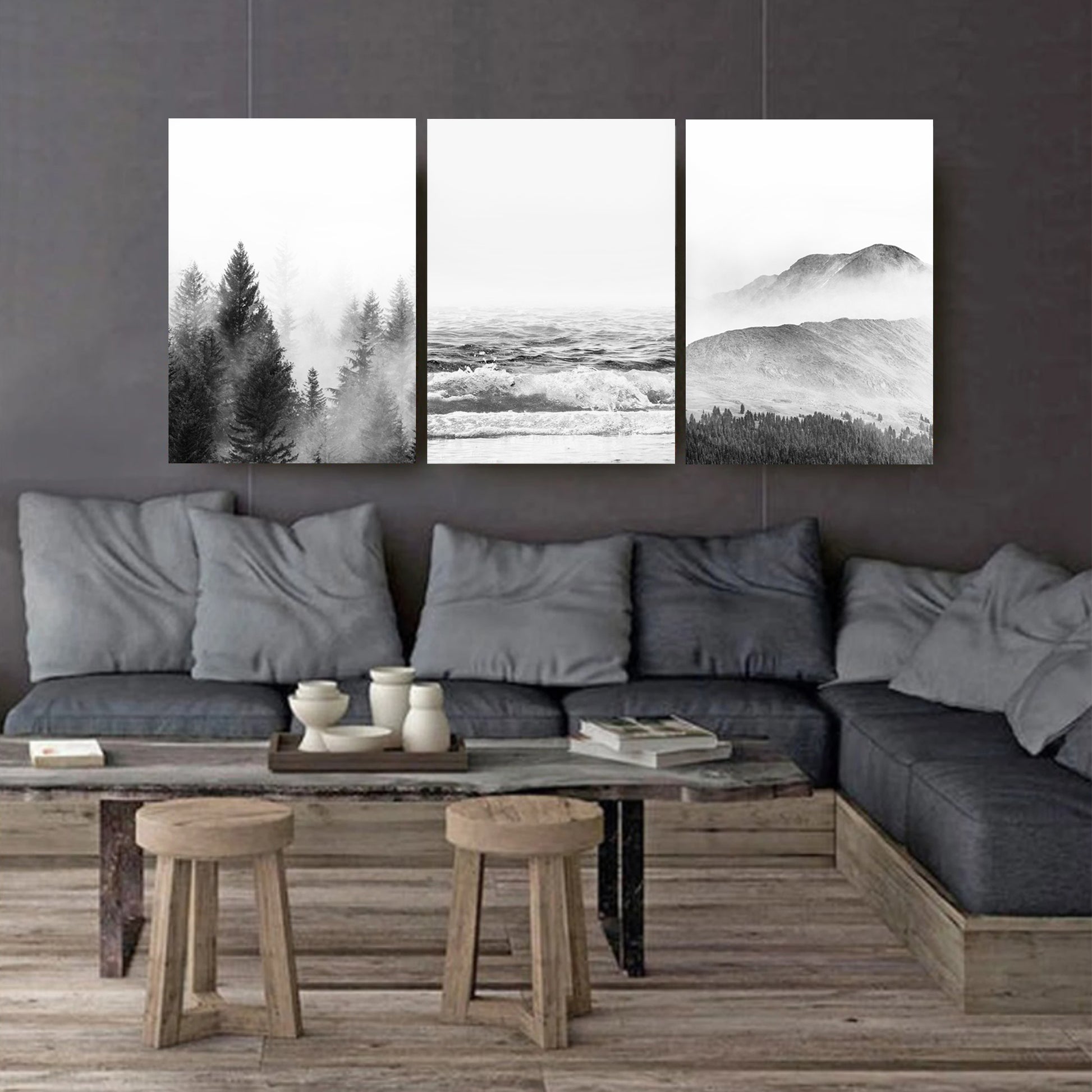 3 piece stretched canvas with nature landscapes.