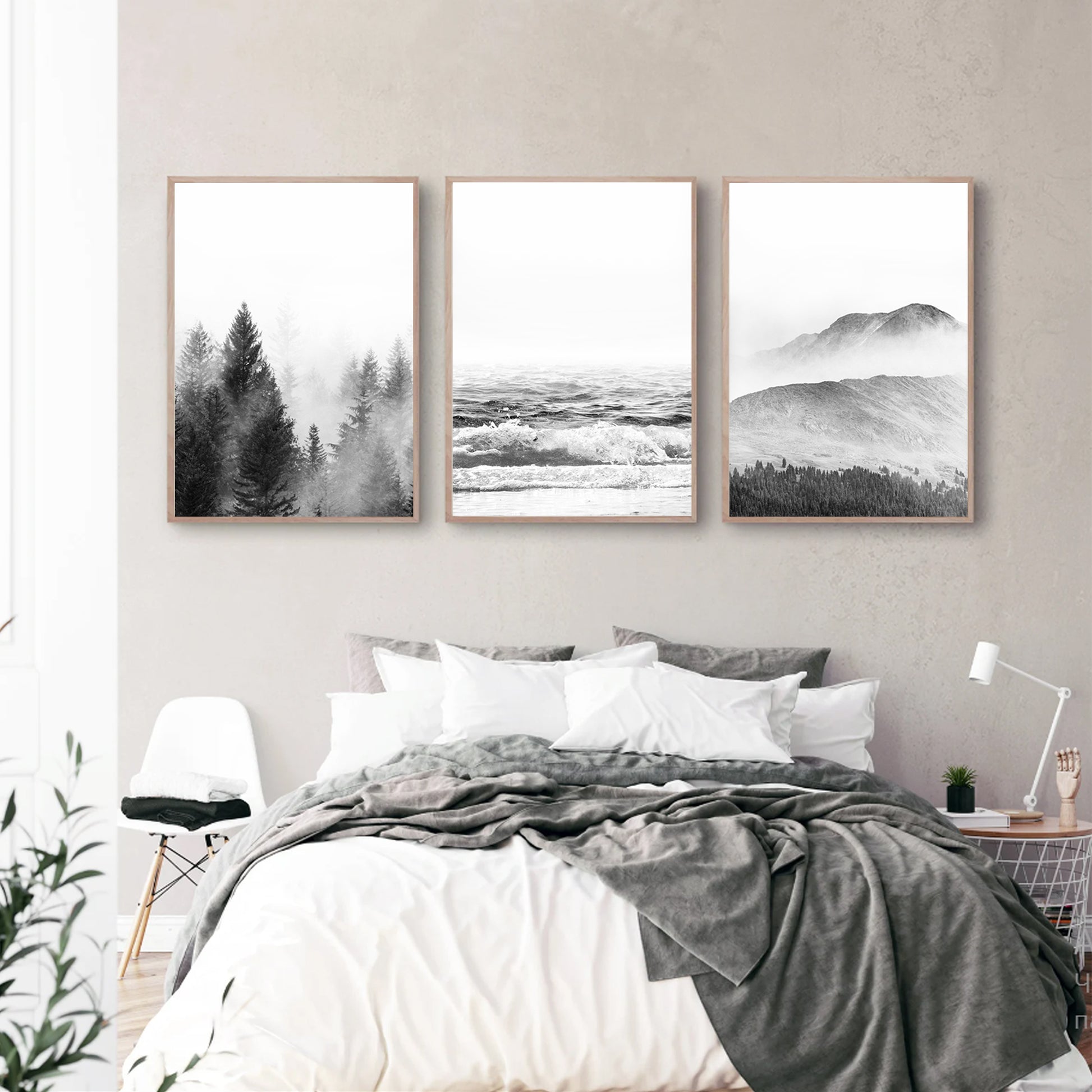 Nature wall art set in bedroom.