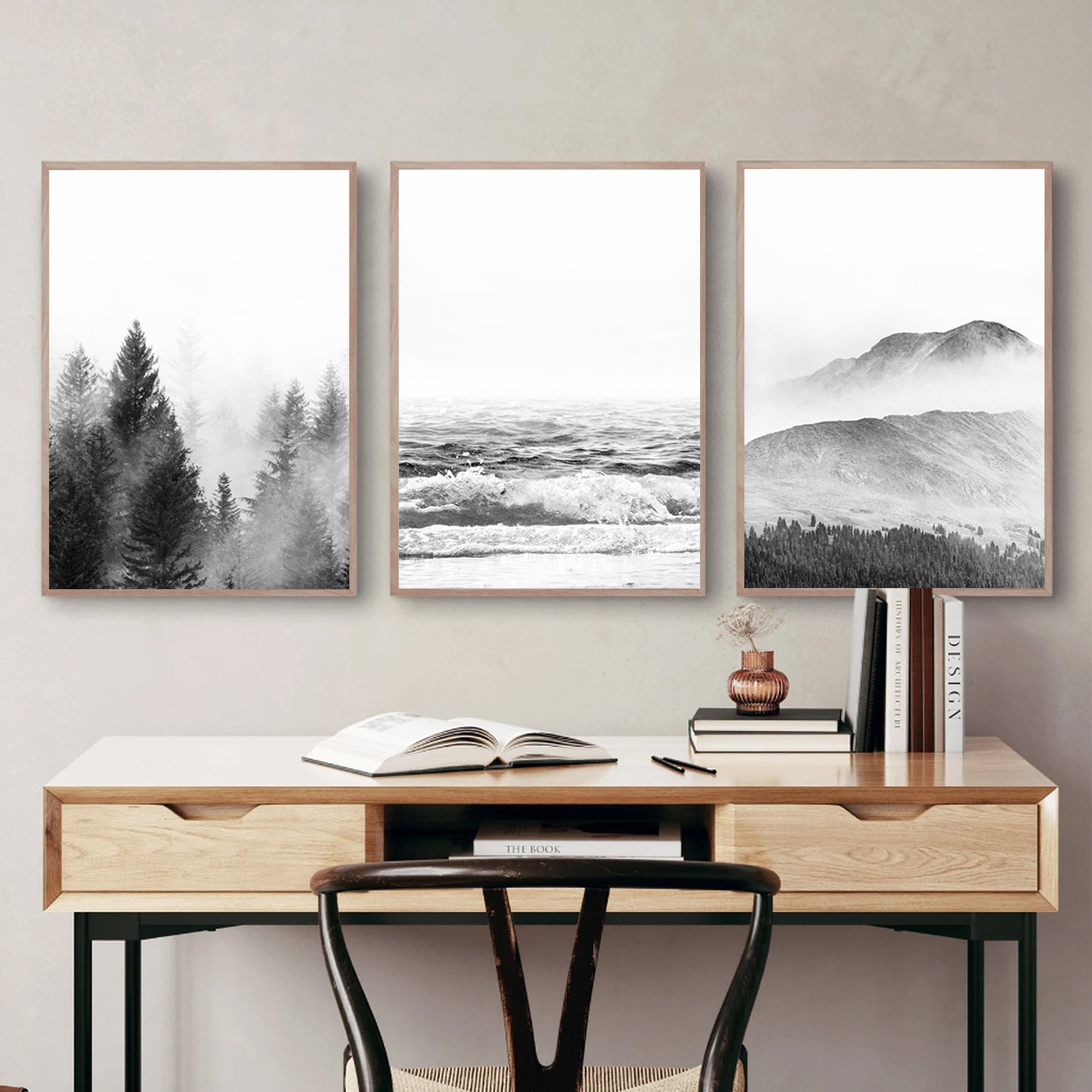 Nature wall art set in wood color frames.