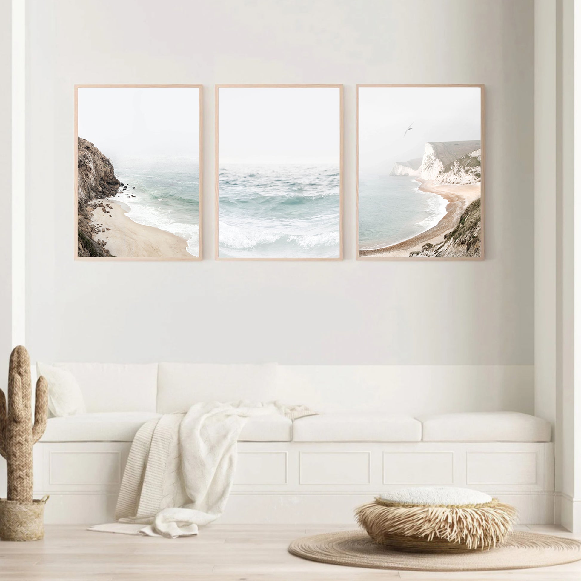 California triptych in a light colored living room.