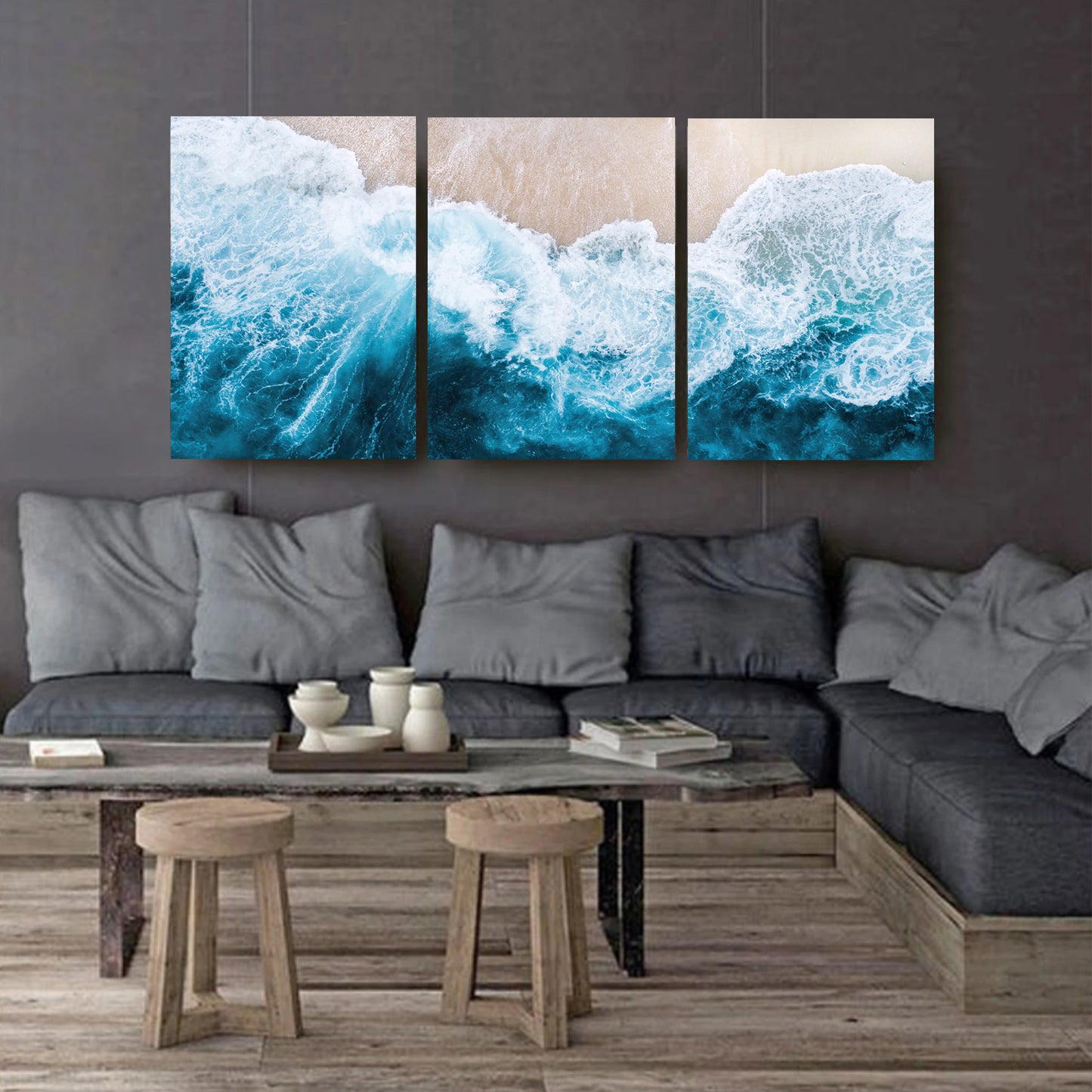 Ocean wave 3 panel canvas on dark wall.