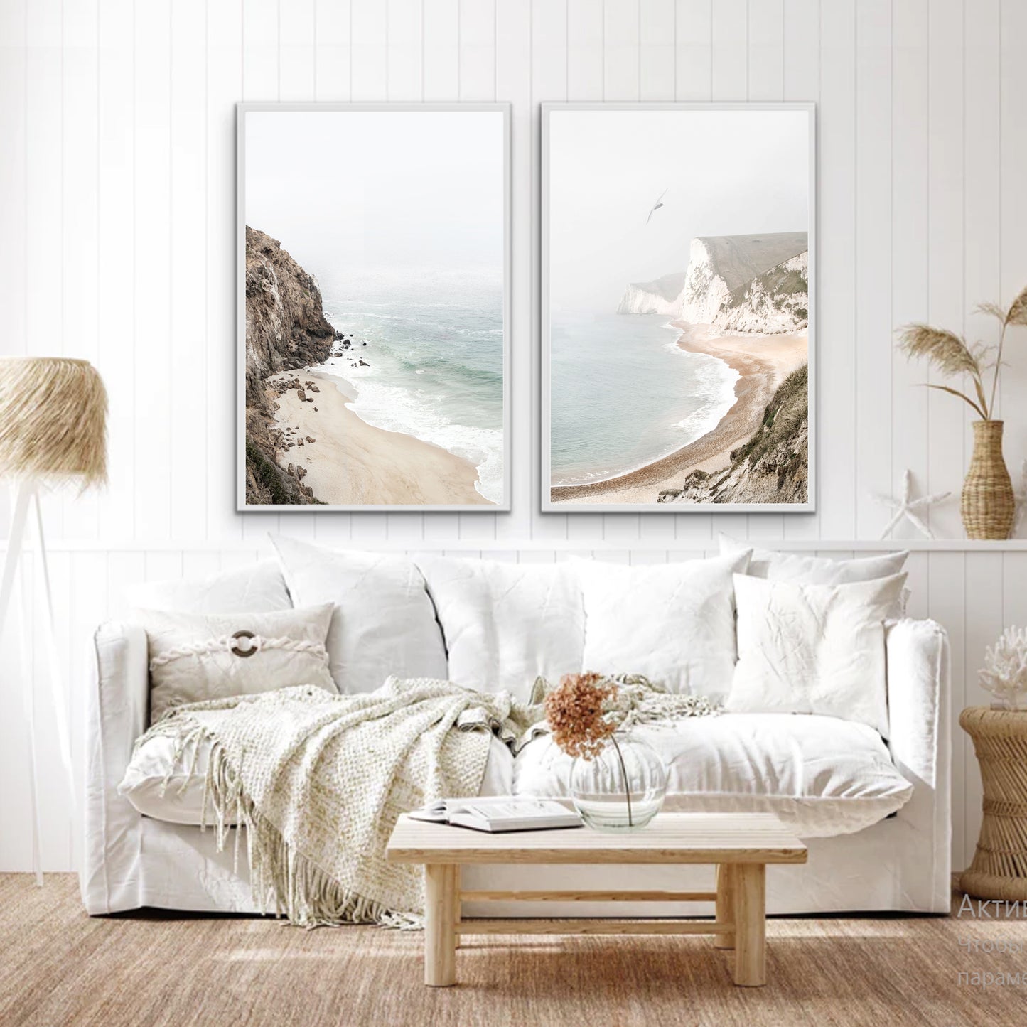 Neutral beige and light blue colors wall art set in neutral colors room.