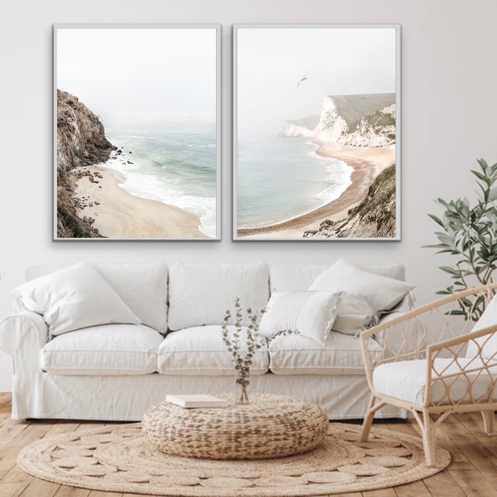 Coastal wall art in a light-colored interior.