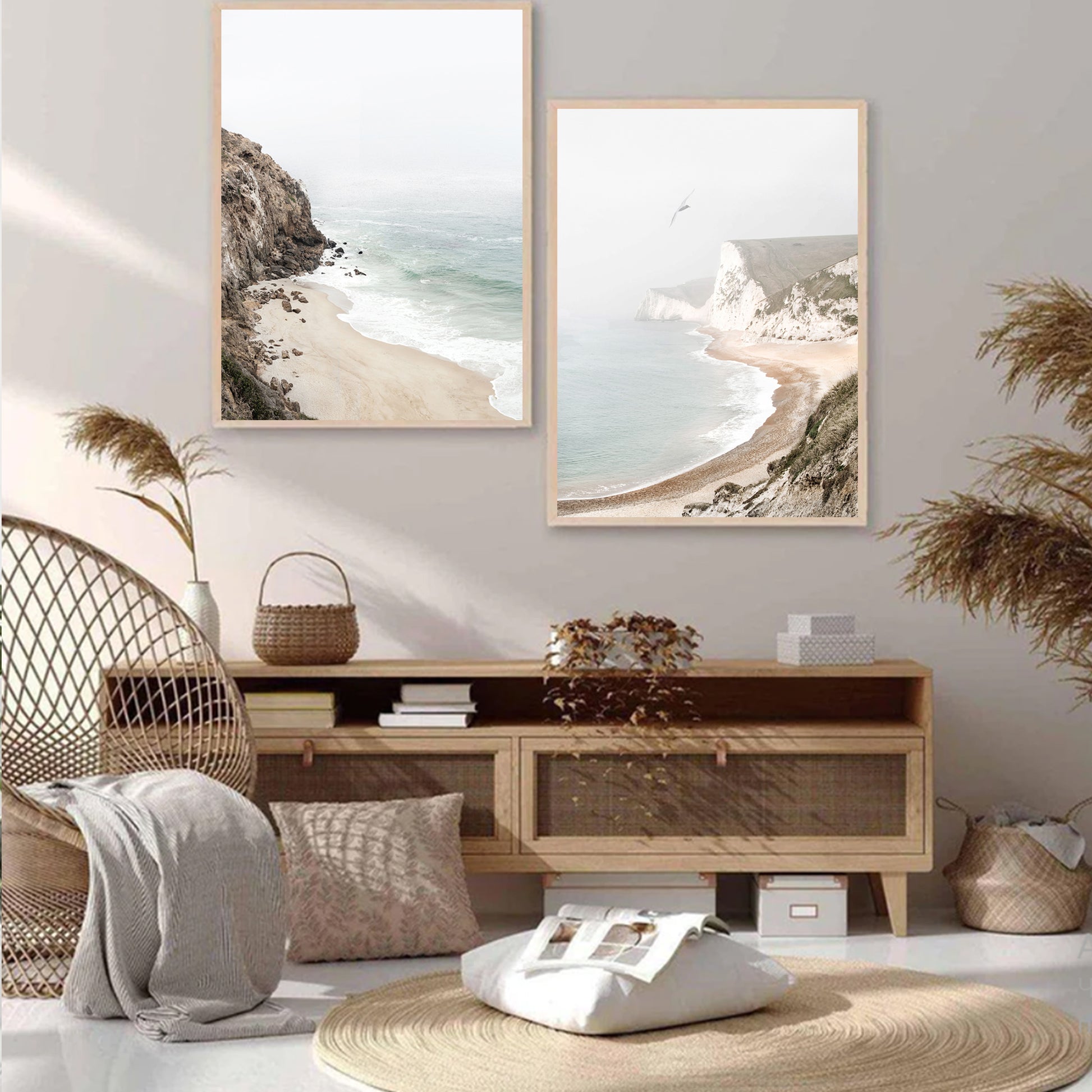 California coastal landscapes in wood color frames in a beige and brown interior.