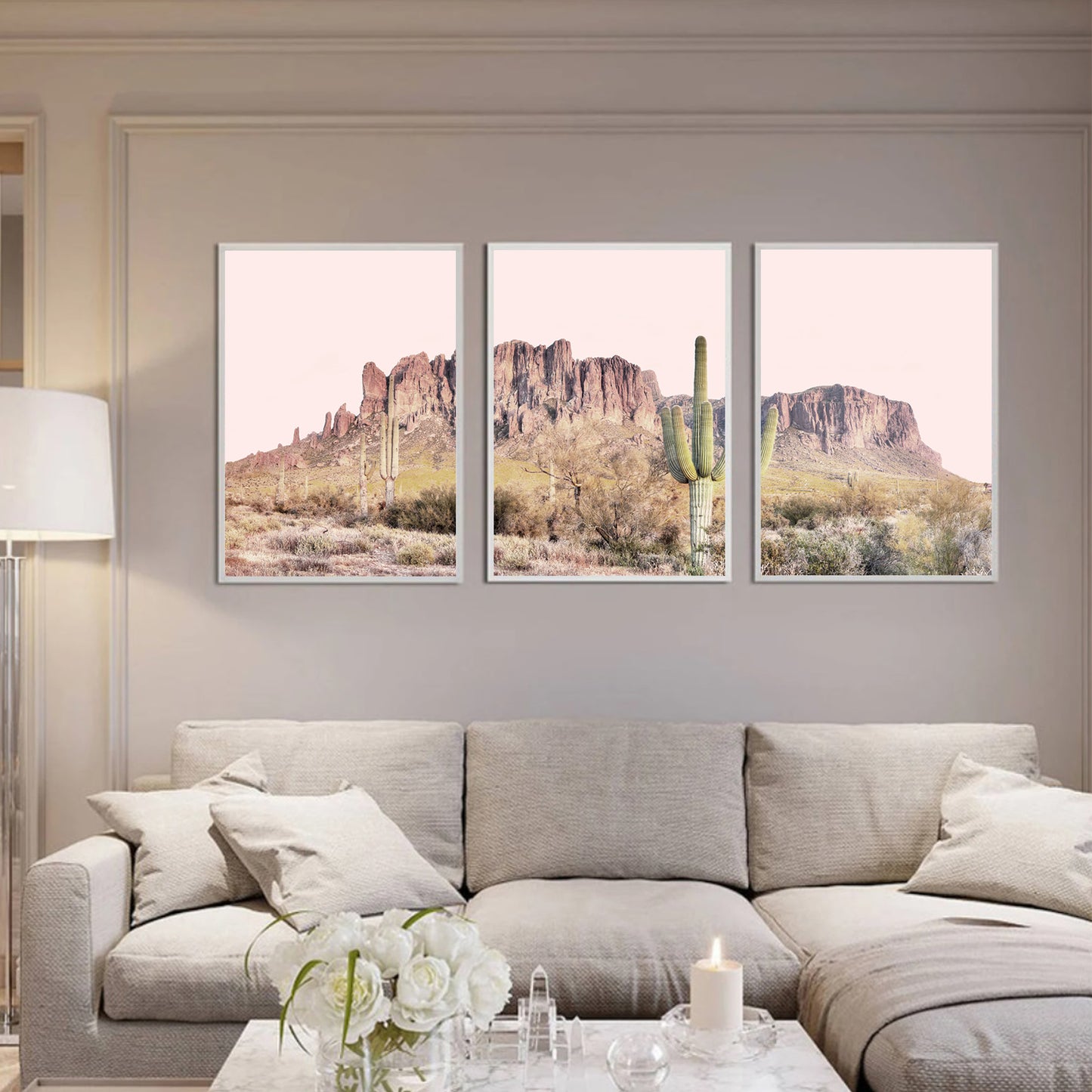 Desert landscape print set in white color frames.