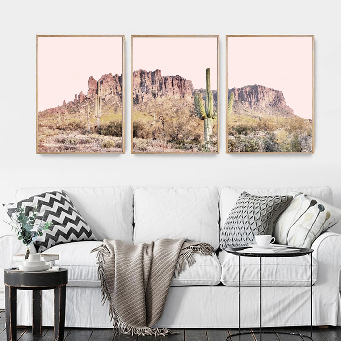 Desert landscape print set in wood color frames.