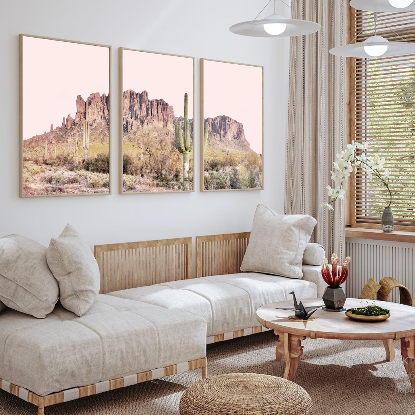 Boho style triptych in pink and beige.