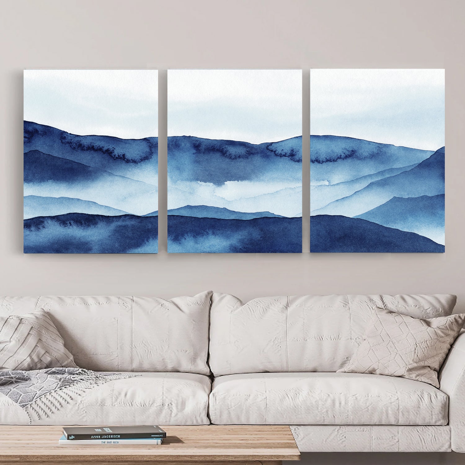 Navy blue mountain canvas wall art set.