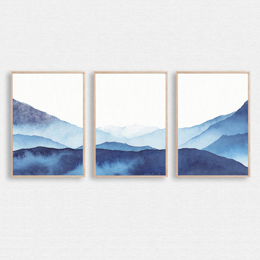 Abstract watercolor print with blue mountains.