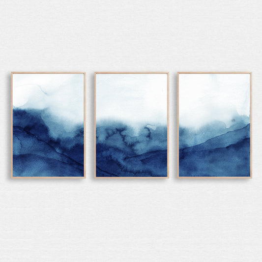 Blue Ocean Wave Triptych Art | Abstract Watercolor Navy Blue Wall Decor