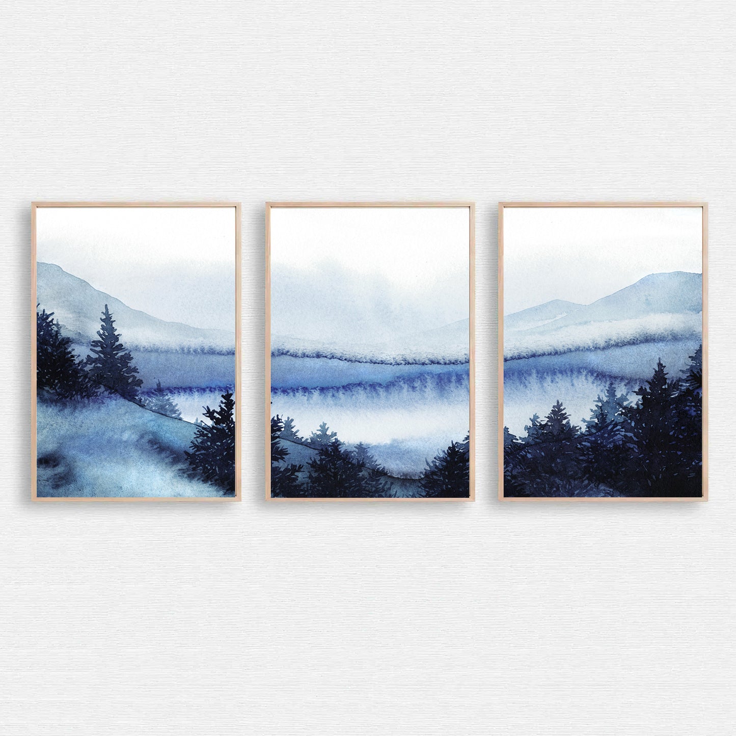 Watercolor wall art with winter landscape.