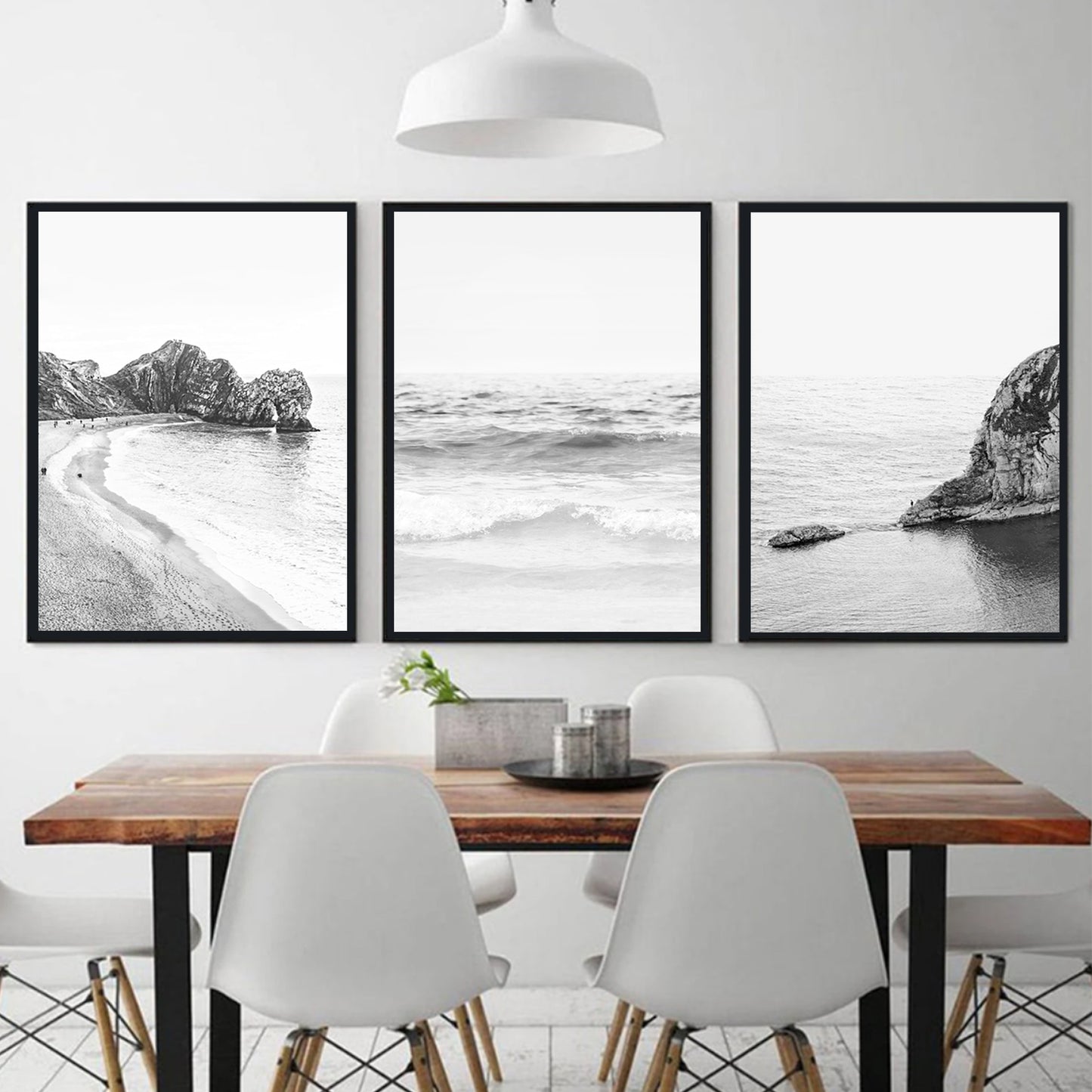 Black and white ocean wall art in black color frames.