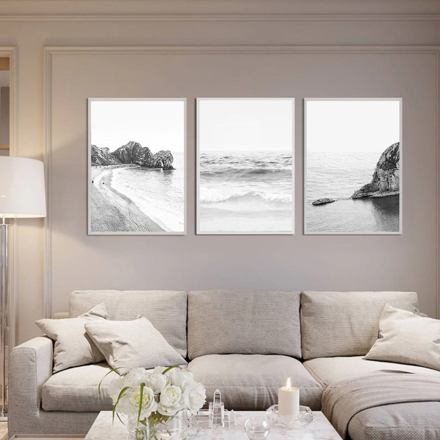 Black and white ocean wall art in white color frames.