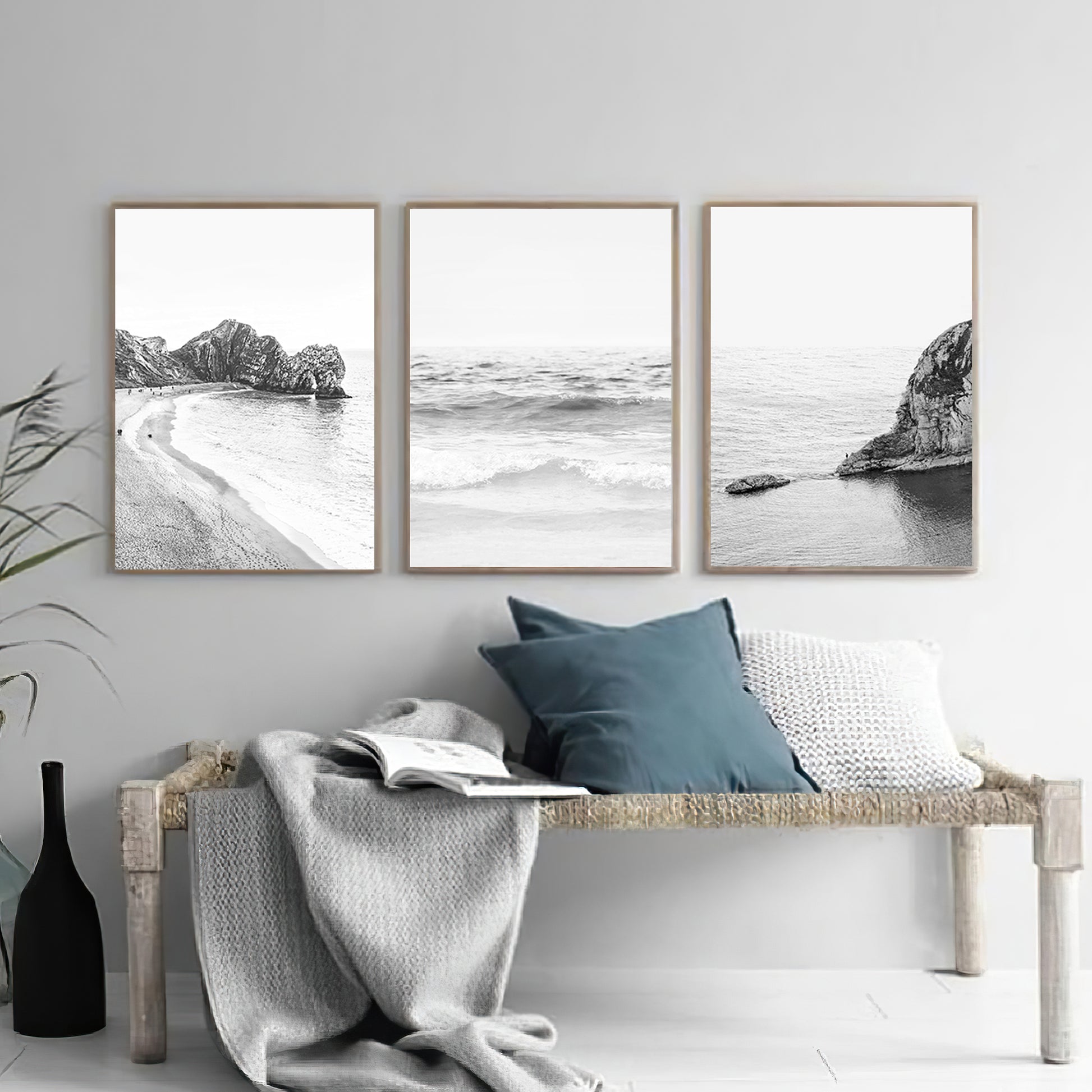 Black and white ocean wall art in Scandinavian style interior.