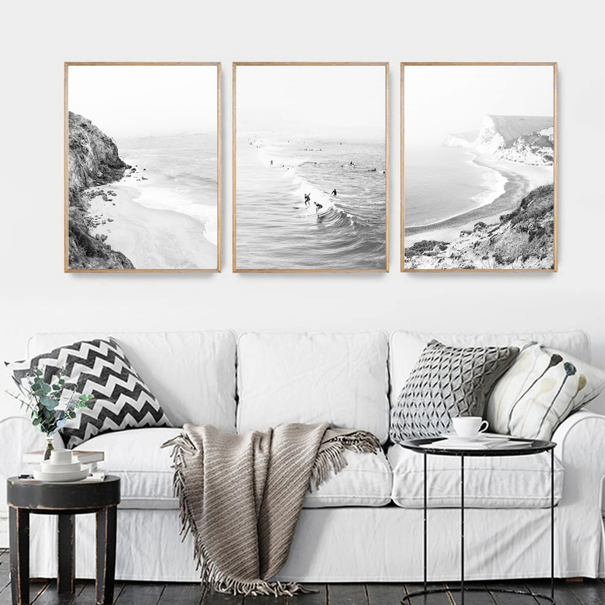 California coastal landscapes triptych in wood color frames.