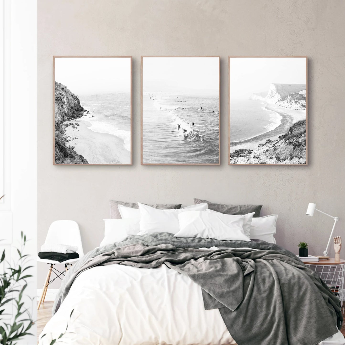 California coastal triptych in bedroom.