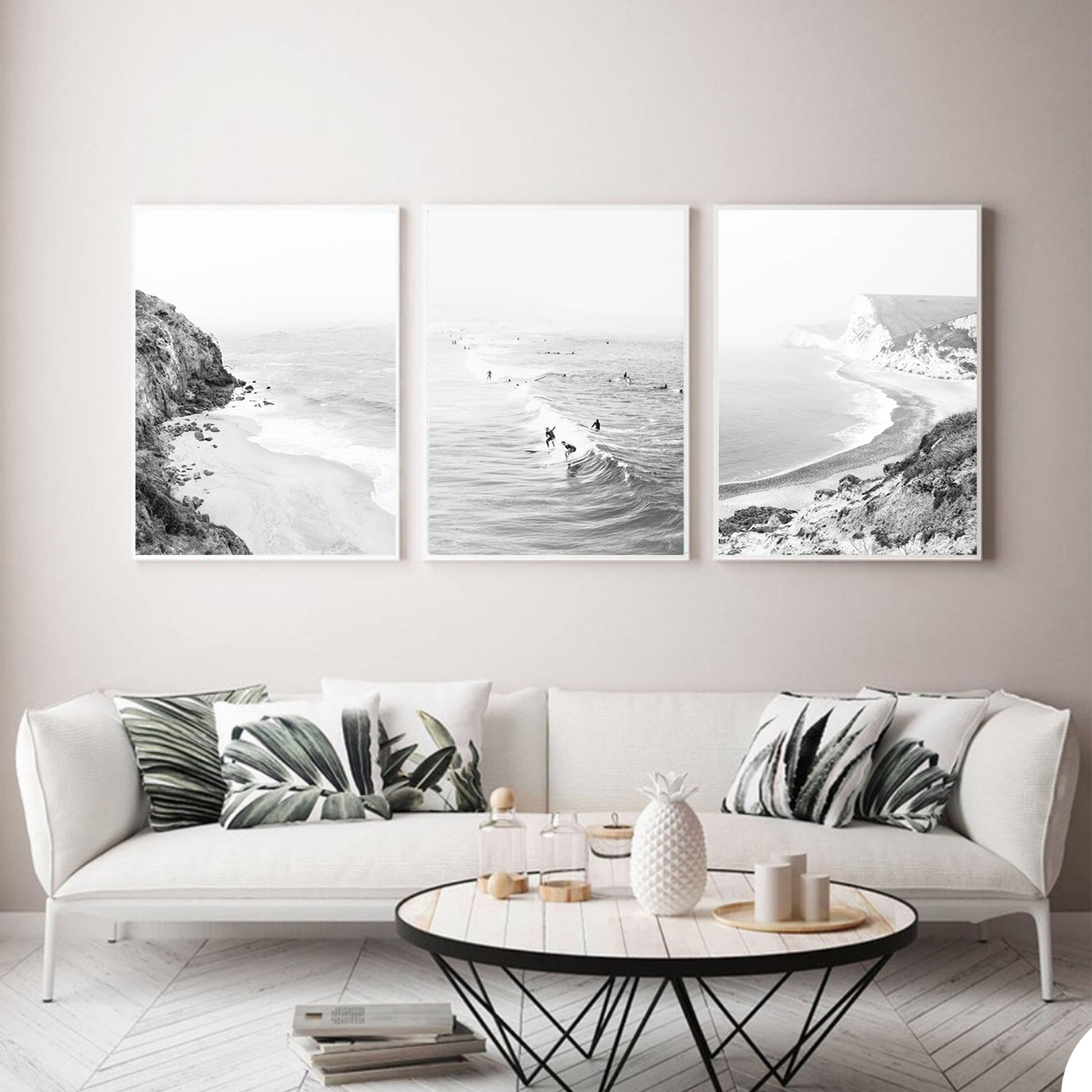 California coastal landscapes triptych in white color frames.